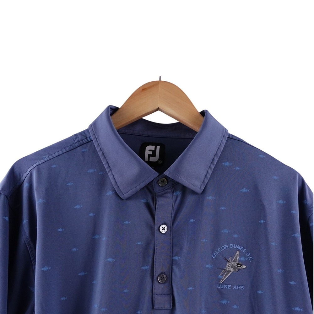 FJ FootJoy Mens XL Golf Polo‎ Shirt Blue Fish Print Luke AFB Embroidered Stretch